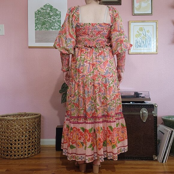 FARM Rio Pink Floral Macaw Print Puff Sleeve Midi Dress Size M - Picture 4 of 17